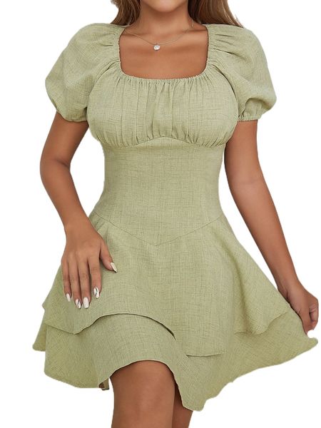 

puff sleeve ruched bust layered hem dress o8xj#, Black;gray