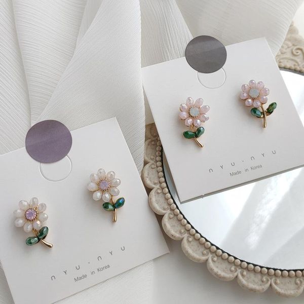 

stud s925 silver needle crystal sunflower earrings small fresh girl sweet cute clamp no earring holes, Golden;silver