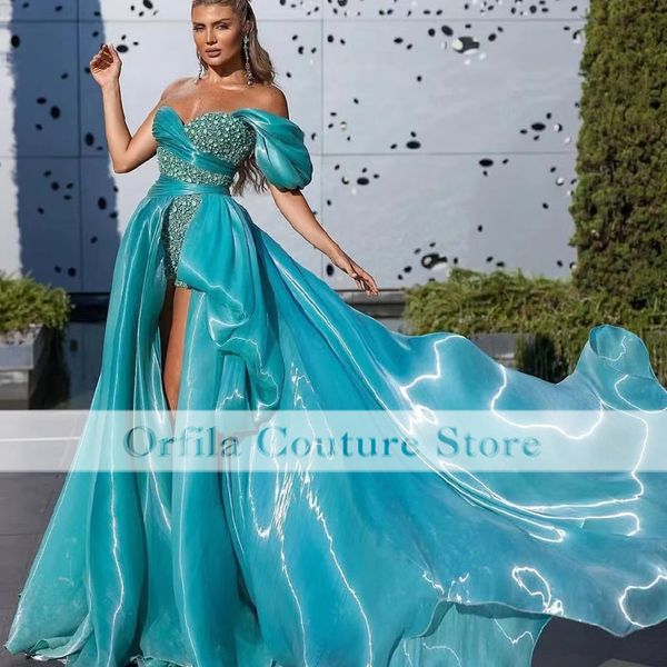 

organza ruffles beads evening dresses 2022 off shoulder lake blue women prom party gowns celebrity carpet dress, Black