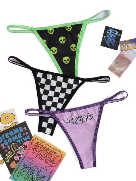 

4pcs alien & japanese letter graphic thong j8ng#, Black;red