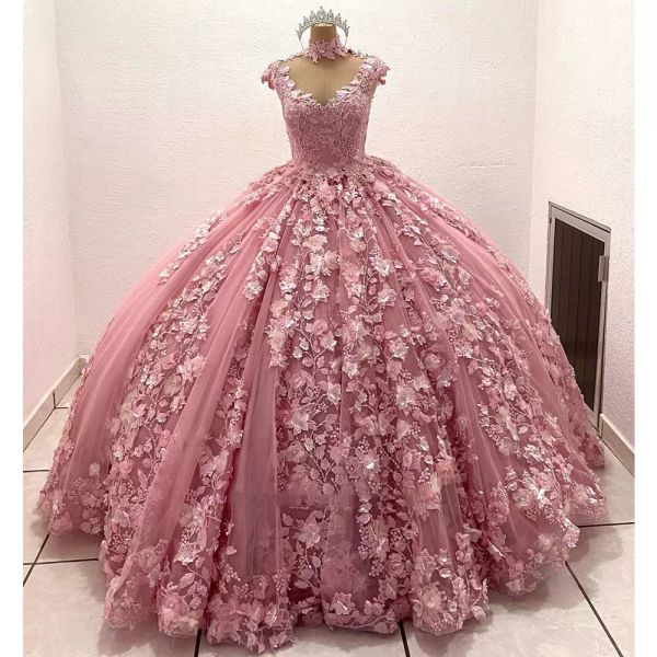 Платья Quinceanera Пыльно-розовое бальное платье Золотое 3D цветочное кружево с аппликацией из бисера с высокой горловиной Торжественное платье Sweet 16 Вечеринка по случаю дня рождения Пром платья s