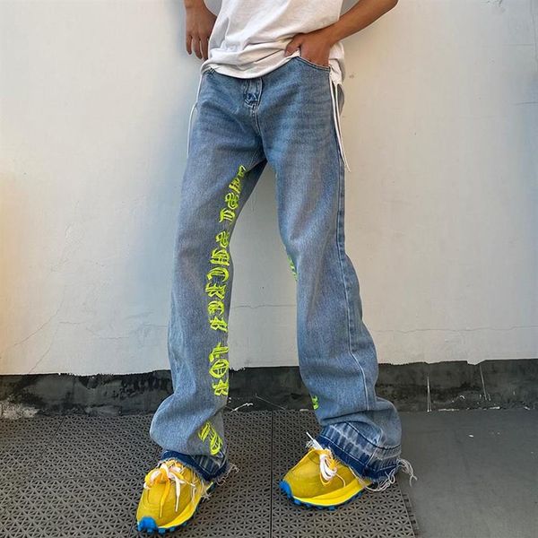 

men's jeans high street retro embroidery flare pants mens and womens o280i, Blue