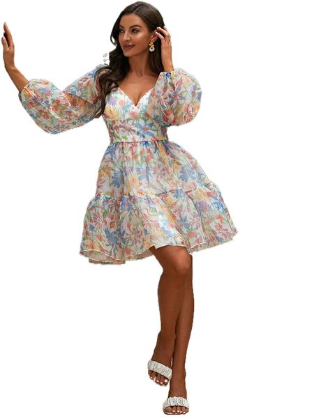 

missord floral print lantern sleeve ruffle hem dress o0i7#, Black;gray