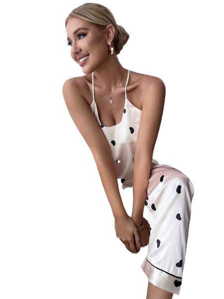 

heart print satin halter & pants pj set h1lm#, Black;red