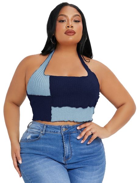 

sxy plus colorblock lettuce trim backless halter h89p#, Black