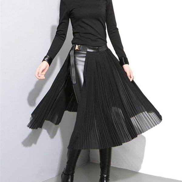 

[eam] spring high waist solid color black pleated loose split joint half-body skirt women fashion jd10501 220324