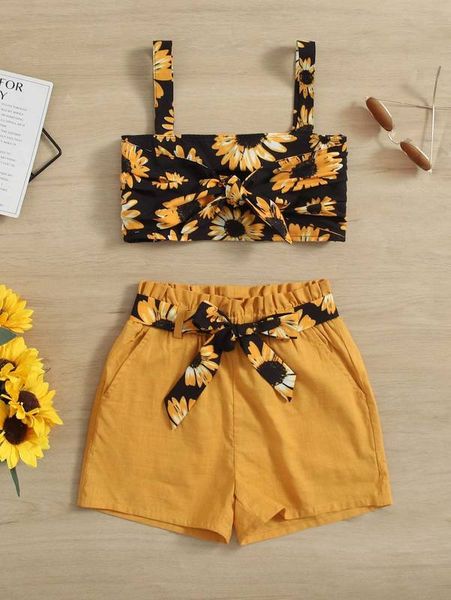 

girls floral print tie front cami and belted shorts set she, White