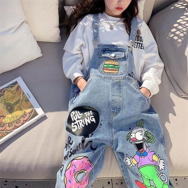 

cartoon print kids girls denim overall pants loose straught toddler jumpsuits letter print denim jumpsuit children two piece set 220808, Blue