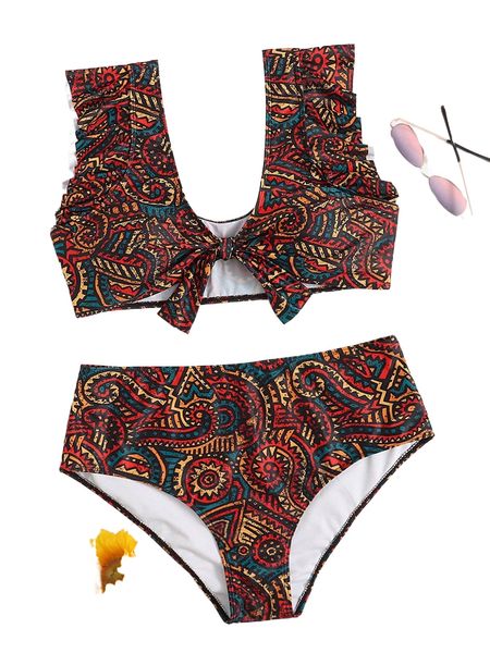 

plus geo print ruffle trim knot front bikini swimsuit m20s#, White;black