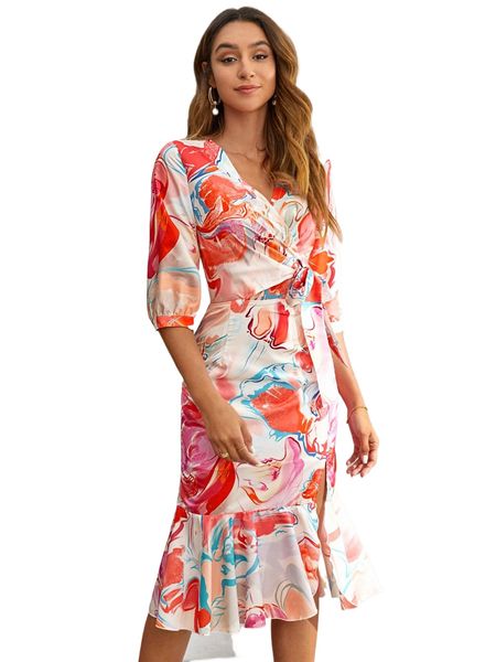 

floral print bishop sleeve tie side slit thigh ruffle hem dress t5sr#, Black;gray