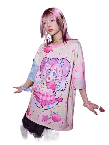 

romwe anime cartoon graphic oversized tee s4qf#, White