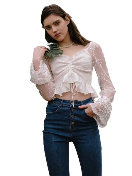 

floral embroidery mesh flounce sleeve shirred drawstring front peplum crop j0ki#, White