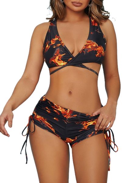 

sxy fire pattern drawstring bikini swimsuit w6ut#, White;black