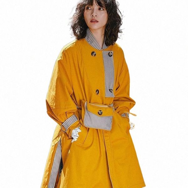 

women's trench coats nanastyle 2021 spring autumn fashion casual long sleeve striped patchwork yellow coat windbreaker for women belt b, Tan;black