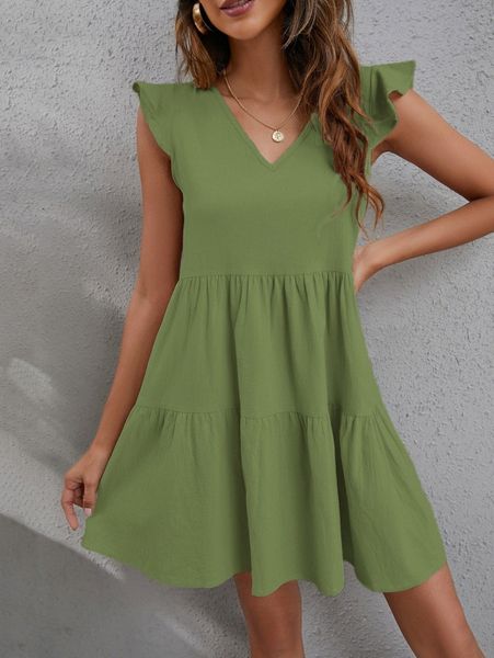 

v-neck ruffle trim smock dress a3eu#, Black;gray