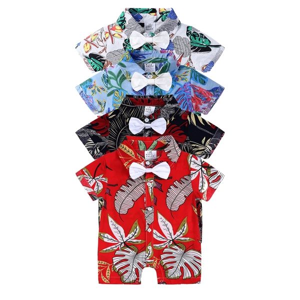 Bebê recém-nascido meninos de manga curta onesies de verão Button-Down Algodão Casual Hawaiian Bowtie Camisa Romper Outfits 6-24months