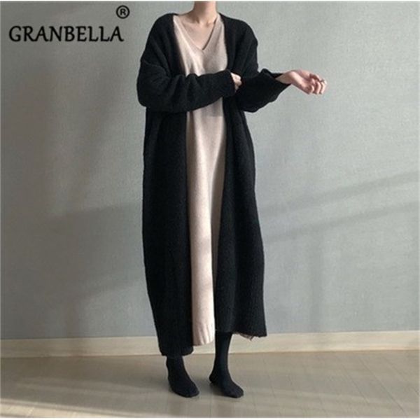 

autumn winter fashion loose long knit sweater solid color cardigans warm knitwear kimono plus size knitted outerwear y200106, White;black