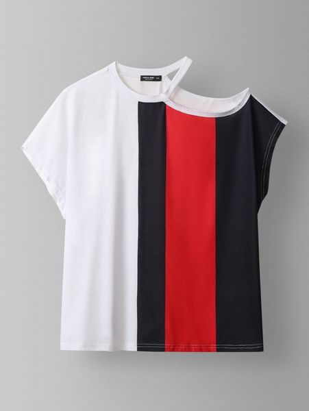 

plus colorblock asymmetrical neck tee n89f#, Black