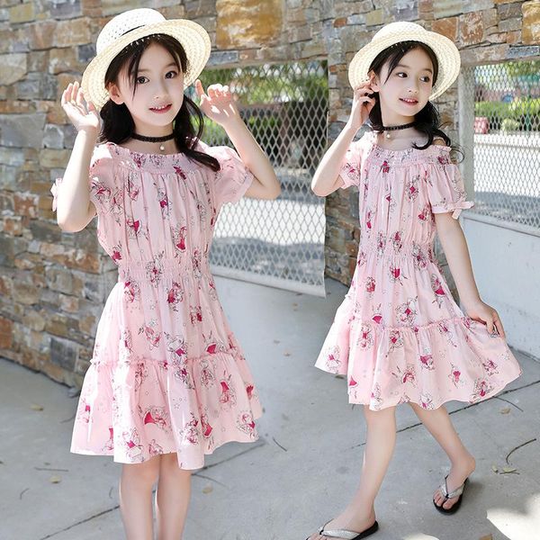 

girl's dresses girl's knee length shoulderless flowers print casual fashion summer chiffon a-line short sleeve, Red;yellow