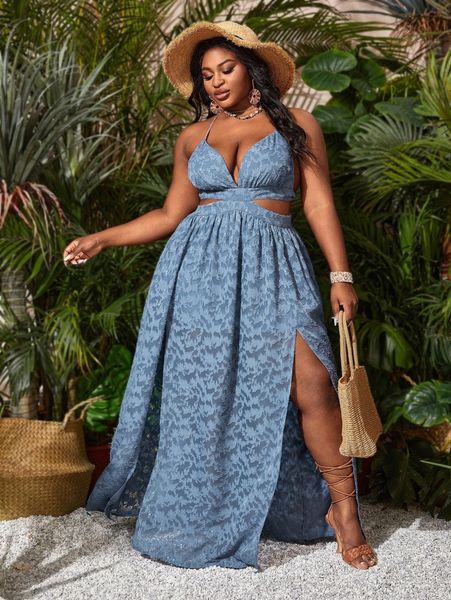 

sxy plus tie backless split thigh applique floral jacquard dress l1or#, Black