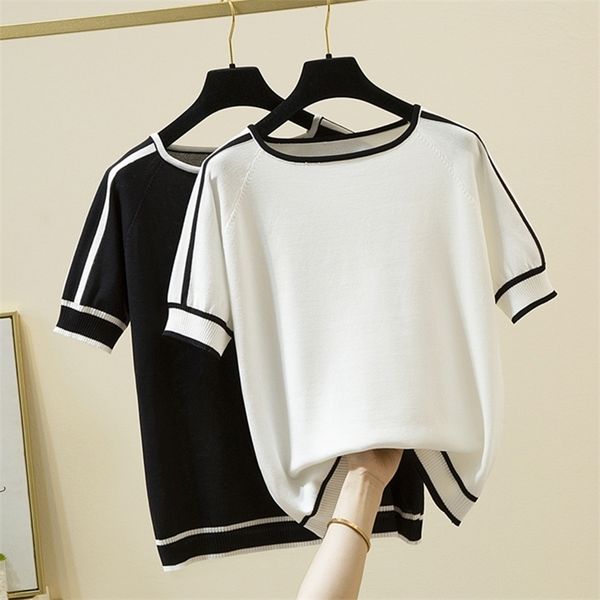 

camisetas mujer thin knitted t shirt women short sleeve summer woman clothes striped fashion t- tee femme 220322, White