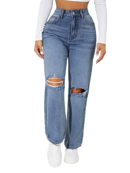 

petite high waist ripped jeans l0jm#, Blue
