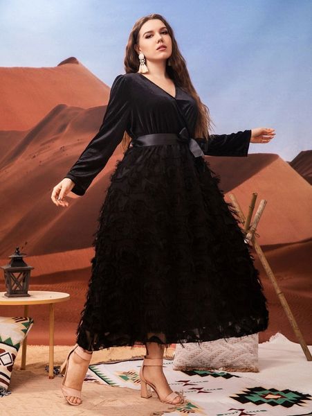

plus fuzzy hem puff sleeve belted dress 67vw#, Black