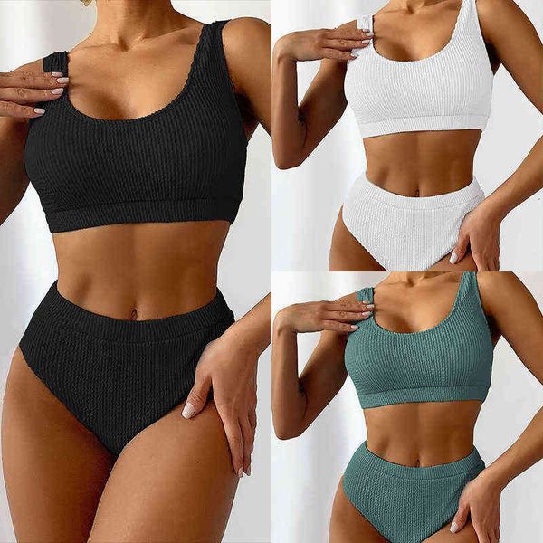 

snake cloth solid vest u-neck high waist bikini swimsuit, White;black