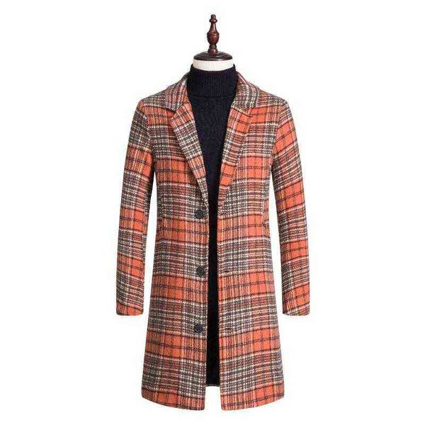 

men's wool & blends men mid-length single breasted plaid printing blend coat t220810, Black