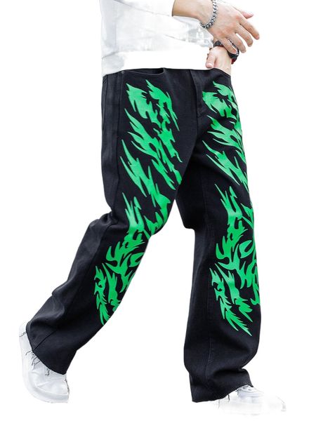 

men fire print straight leg jeans 23ef#, Blue