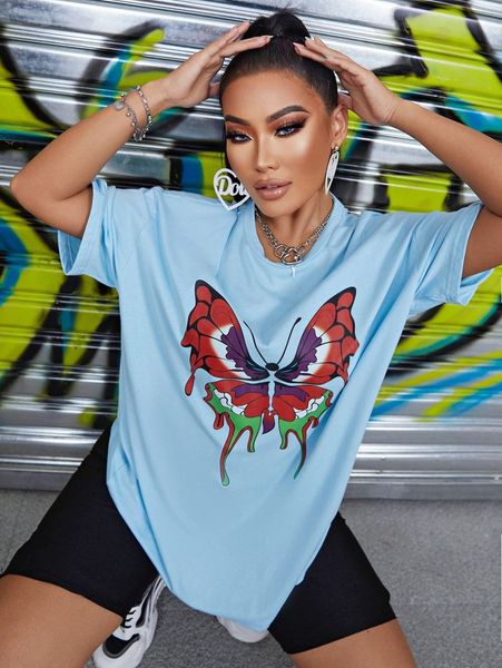 

butterfly print drop shoulder tee t3n3#, White