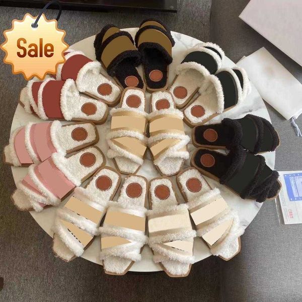 

women fur slippers designer slides ladies shoes home winter warm wool letters sandals comfortable fuzzy style thick plush concise fluffy, Black