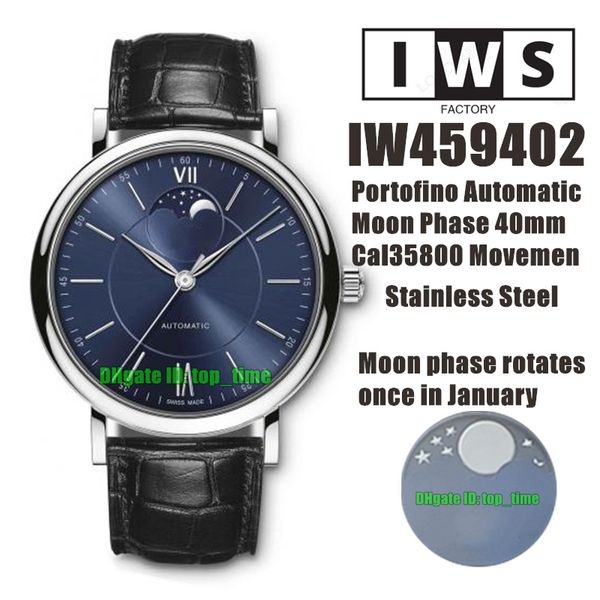 IWSF Orologi di alta qualità 40mm Acciaio inossidabile Fasi lunari Cal.35800 Orologio da donna automatico 459402 Cinturino in pelle con quadrante blu Orologi da polso da donna