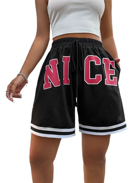 

striped & letter graphic drawstring waist track shorts o9ac#, White;black