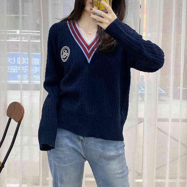 

women's knits & tees s family autumn and winter college wind stripe edge v-neck wool sweater women's sweet pullover loose, White