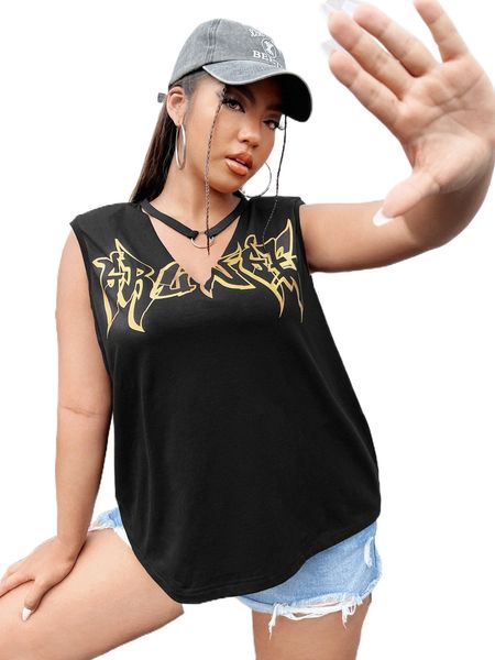 

plus letter graphic ring linked keyhole neckline tank r6ux#, Black