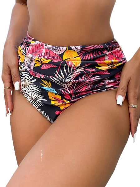 

random tropical print ruched high waist bikini bottom l0on#, White;black