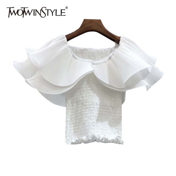 

twowinsyle white elegant patchwork ruffle shirt for women slash neck short sleeve slim casual shirts female summer fashion 210423