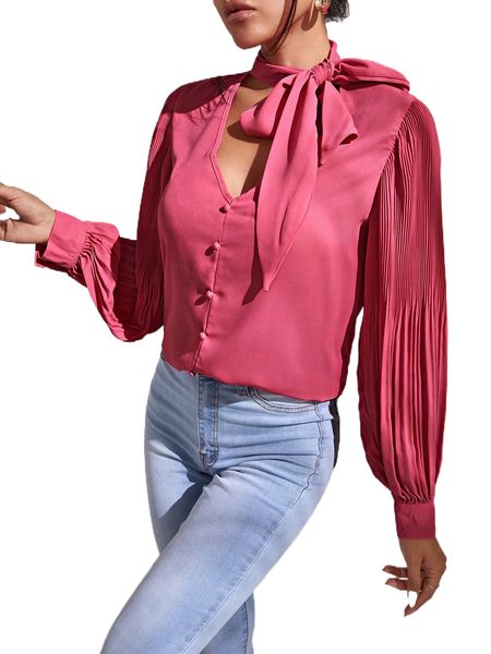 

tie neck pleated sleeve blouse 48ha#, White