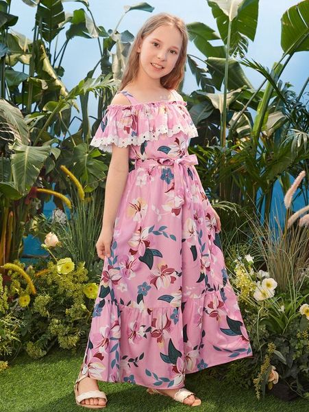 

girls floral print embroidery & ruffle hem belted skirt she, White