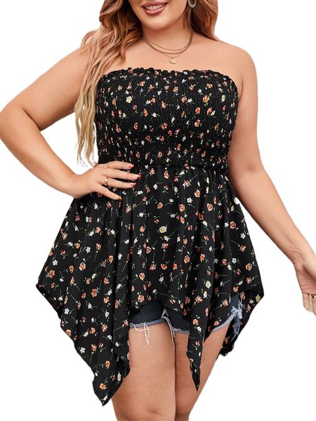 

plus ditsy floral print shirred hanky hem tube y7hf#, Black
