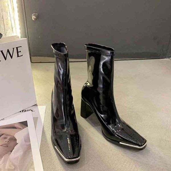 

boots martin boots women's spring style square head versatile patent leather high heels thin thick short barrel knight, Black