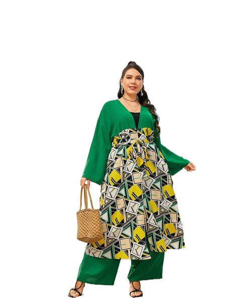 

plus geo print drop shoulder belted coat & wide leg pants c2we#, Black