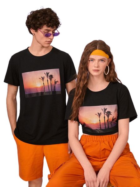 

1pc picture print tee p7nc#, White;black