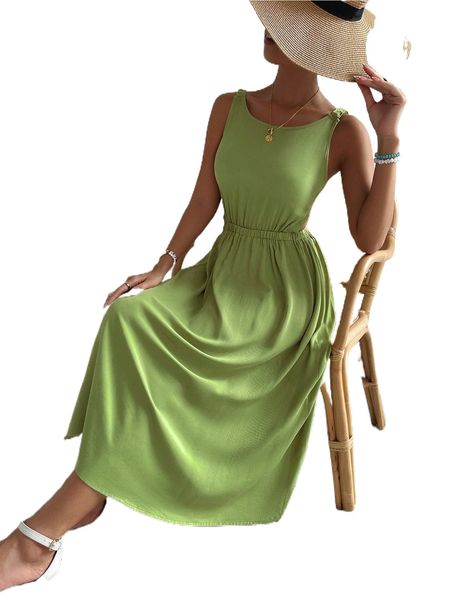 

solid backless elastic waist sleeveless a-line dress b3ak#, Black;gray