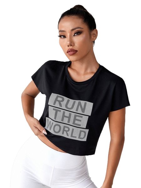 

slogan graphic batwing sleeve crop sports tee 52bp#, Gray