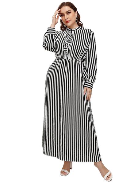 

plus striped ruffle trim dress a8lx#, Black