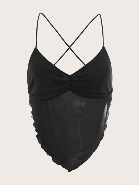 

lettuce trim hanky hem mesh cami 82fl#, White