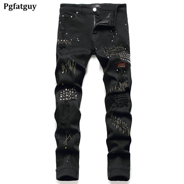 2021 neue Männer Niet Zerrissene Schwarze Jeans Hosen Stretch Stickerei Denim Hosen Männlichen Streetwear Willow Nails Herren Hosen Biker Casual