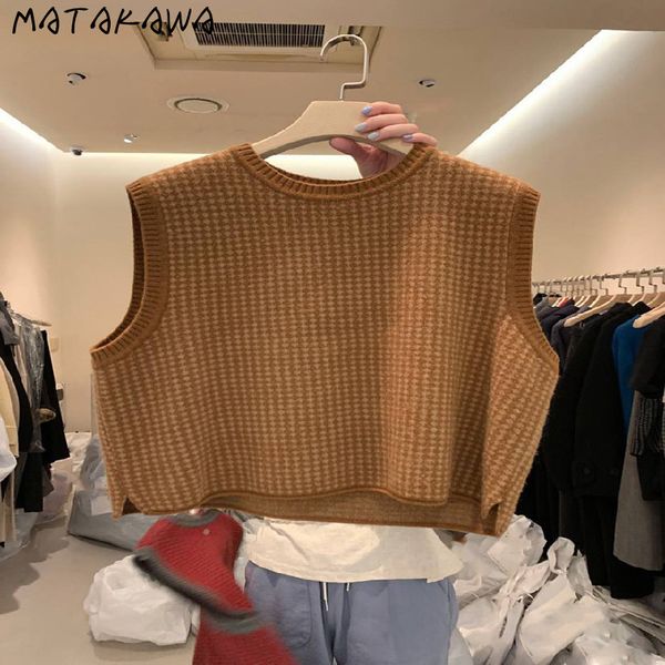 

spring womens waistcoat fashion plaid split womens vest loose round neck knitted sleeveless coat women 210506, Black;white